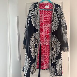 Free People Black Embroidered Open Kimono Coat with Red Lining